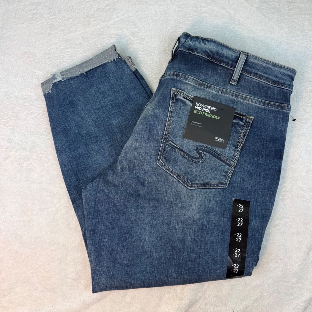Silver Jeans Co Boyfriend Mid Rise Eco Friendly Distressed Jeans Blue 22x27 NEW